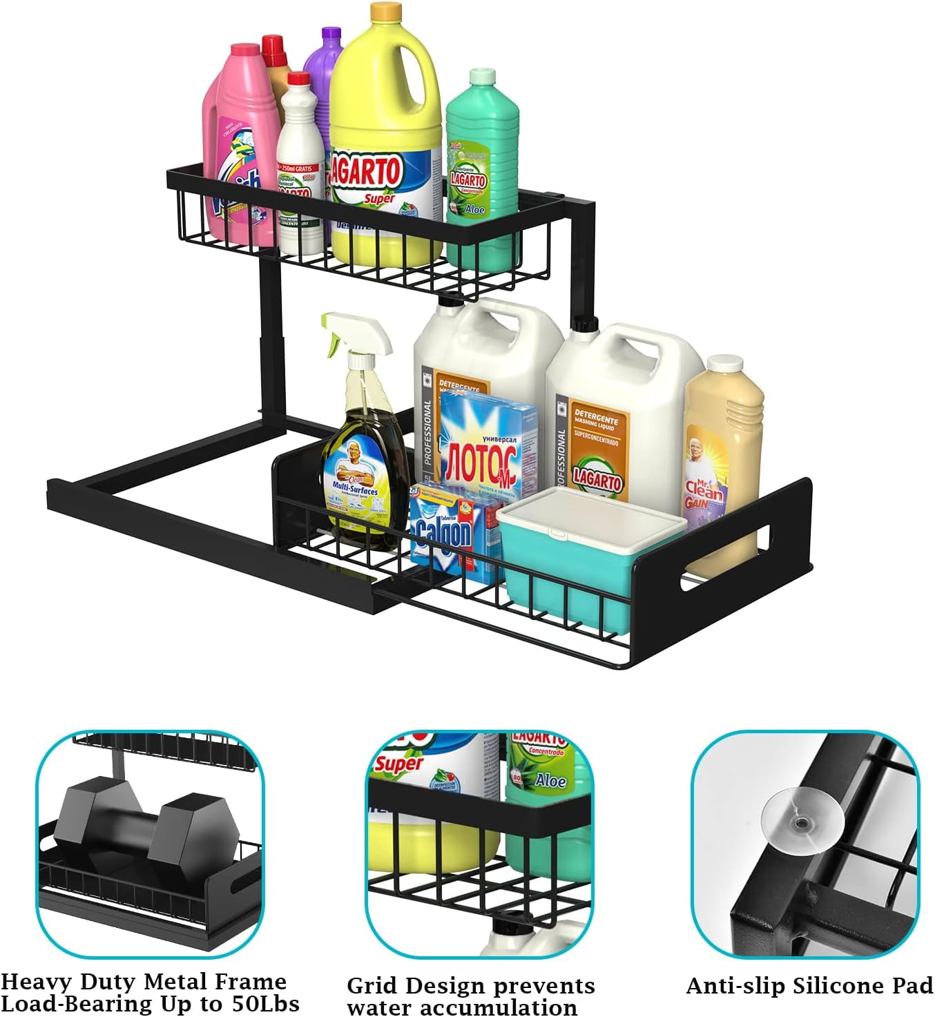 Under Sink Organizer, Pull Out Cabinet Organizer Slide Out Sink Shelf Cabinet Storage Shelves, Storages for Kitchen Bathroom, Black, 2 Pack