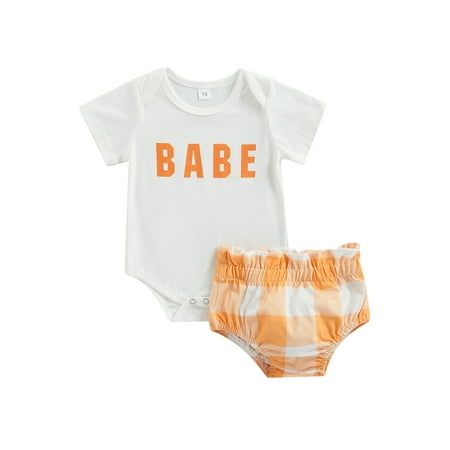 

Frobukio Newborn Baby Boys Girls 2Pcs Outfits Short Sleeve Letter Print O-Neck Bodysuit + Elastic Waist Plaid Shorts Orange 3-6 Months