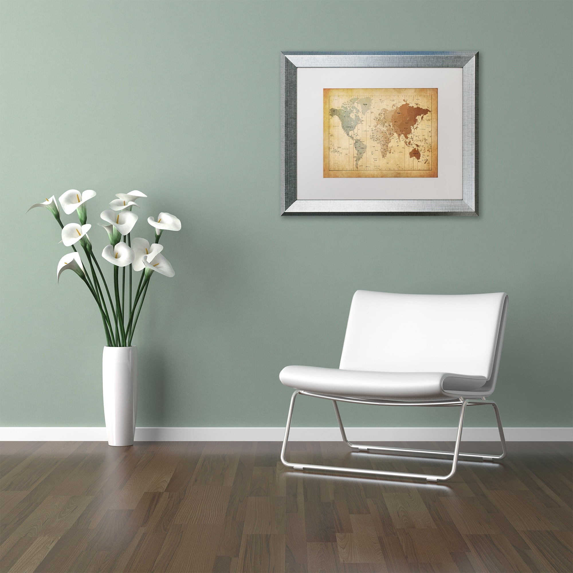 Trademark Fine Art ''Time Zones Map of the World'' by Michael Tompsett 16" x 20" White Matted Silver
