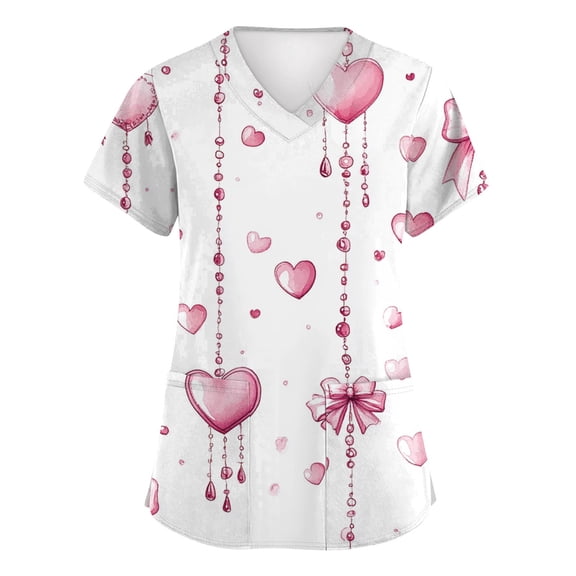Nurse Scrubs For Women,Women's Fashion V-Neck Short-Sleeve Workwear with Pockets Valentine's Day Printed Top Nursing Scrub Top - Light pink - XXXL