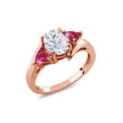 Gem Stone King 18K Rose Gold Plated Silver RingSet with Forever Brilliant (GHI) 8x6mm Oval 2.04cttw Created Moissanite from Charles & Colvard and Created Ruby