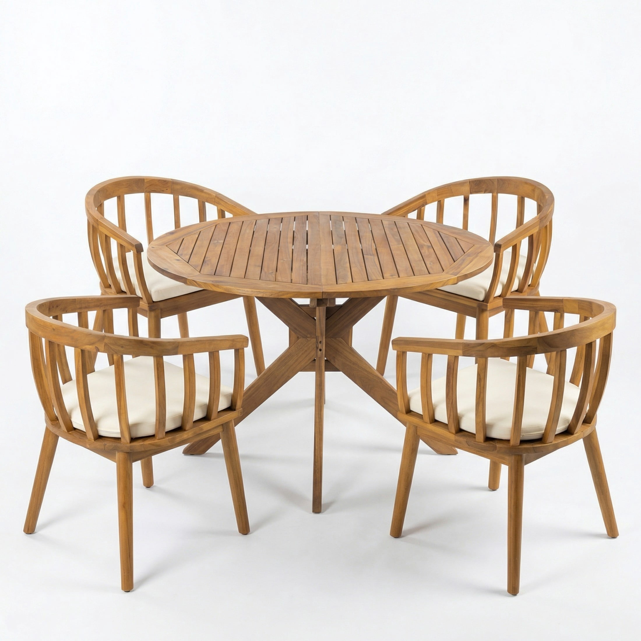 Christopher Knight Home 5-Piece Outdoor Wood Dining Set, Round Table with Curved Armchairs, Teak+Beige