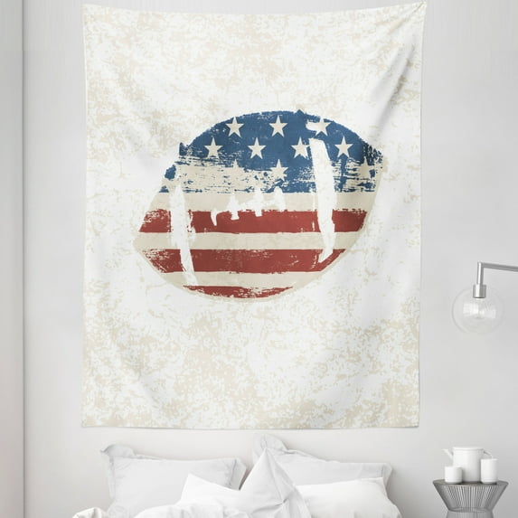 Vintage Tapestry, Grunge American Flag Themed Stitched Rugby Ball Vintage Design Football Theme, Fabric Wall Hanging Decor for Bedroom Living Room Dorm, 5 Sizes, Cream Blue Red, by Ambesonne