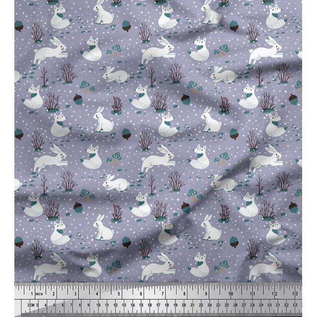 Soimoi Gray Poly Georgette Fabric Mushroom,Oaknut & Rabbit Animal Decor Fabric Printed BTY 52 Inch Wide
