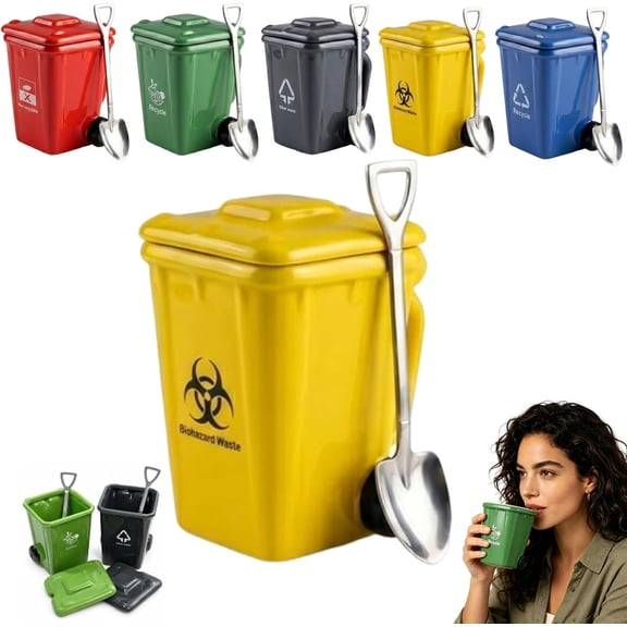 Trash Can Ceramic Mug, 13.5oz with Lid & Steel Shovel Spoon, Funny Novelty Cup