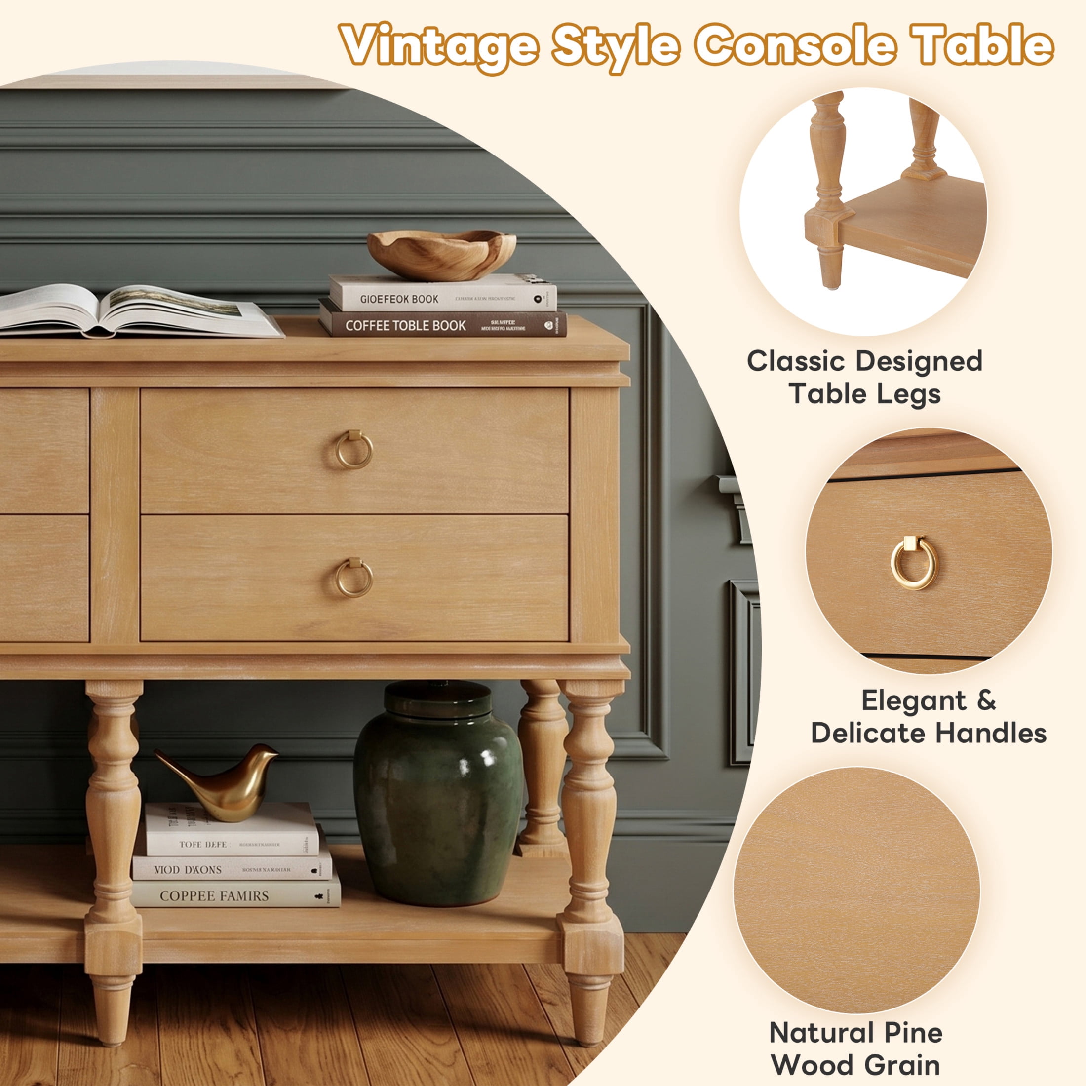 Christopher Knight Home 42" Vintage Console Table with 4 Soft-Close Drawers, Bottom Shelf, Natural