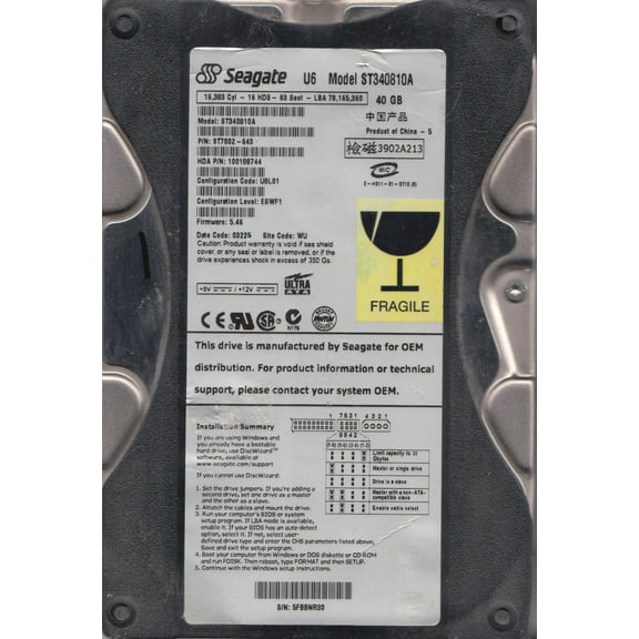 ST340810A, 5FB, WU, PN 9T7002-643, FW 5.46, Seagate 40GB IDE 3.5 Hard Drive