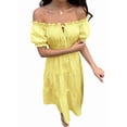 thumbnail image 3 of Women Off Shoulder Dresses Trendy Puff Short Sleeve Ruffle Flowy A Line Beach Party Maxi Dress Yellow S, 3 of 9