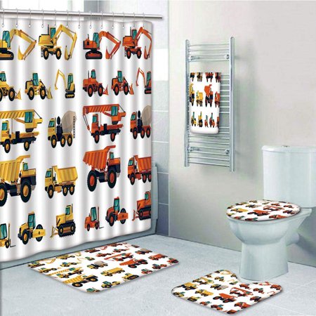 PRTAU Construction Set of Construction Machinery Equipment Transportation Careers Mechanics 5 Piece Bathroom Set Shower Curtain Bath Towel Bath Rug Contour Mat and Toilet Lid Cover
