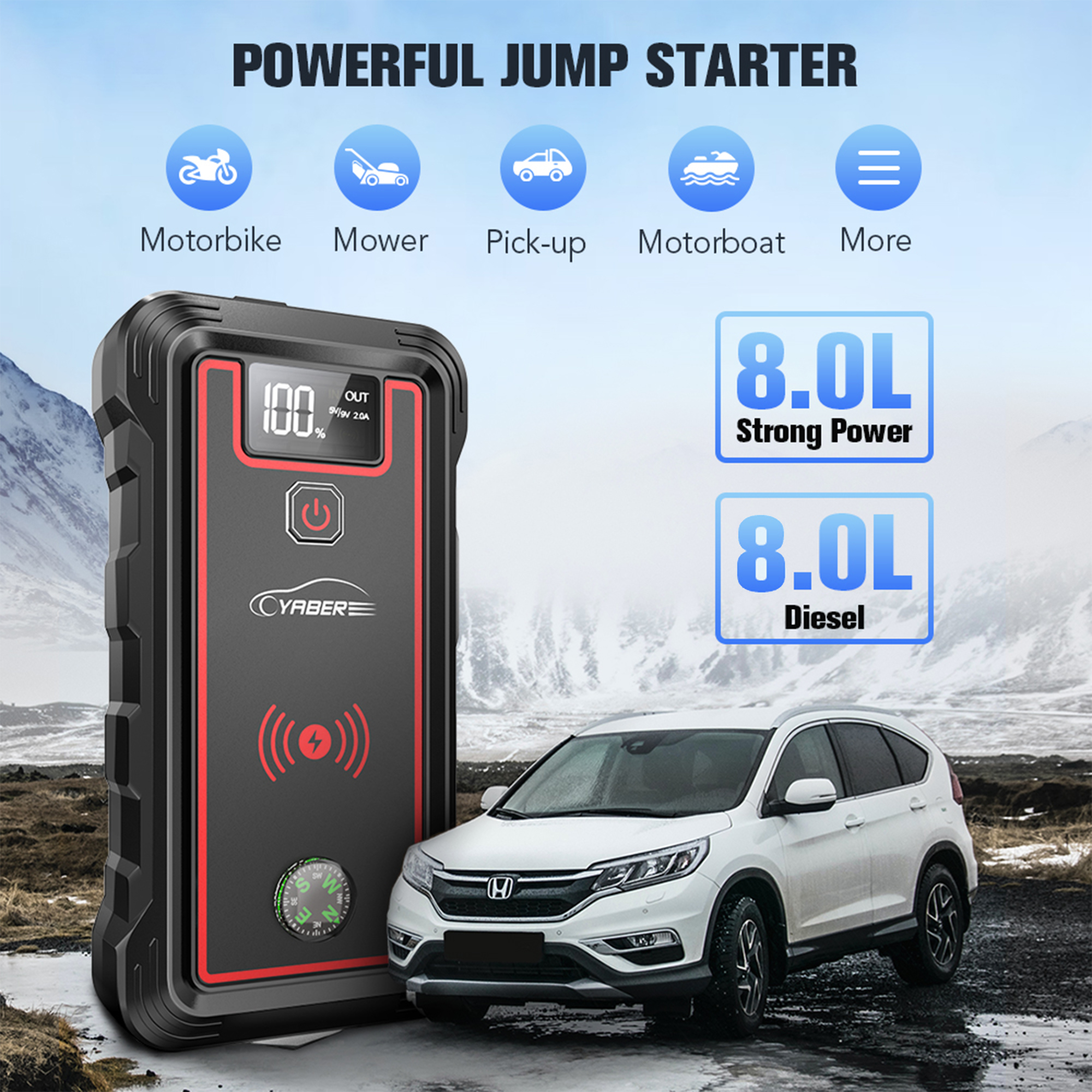 Car Jump Starter 4000A 23800mAh Auto Booster(All Gas or 8.0L Diesel)  Wireless Charger YABER 