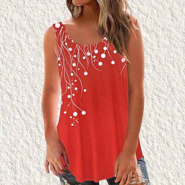 Sentmoon Tenues d'Été pour Femmes Débardeurs Col Rond pour Femmes Coupe Ample Imprimé Vignes Sans Manches T-Shirts Basiques Tendance 2025 pour Week-End Brunch Rouge S