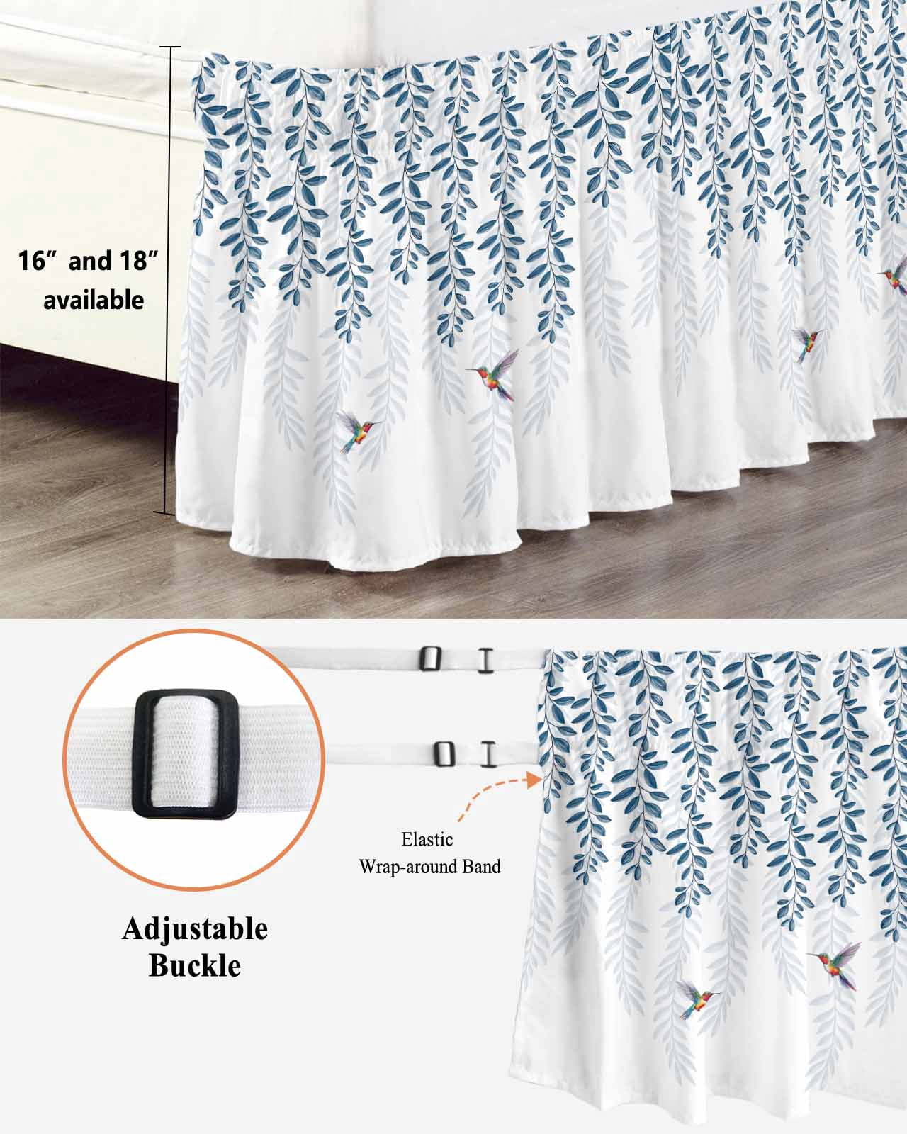 Blue Botanical Bed Skirt King Size, Pastoral Spring Floral Summer Birds Wrap Around Bed Skirting with Adjustable Elastic Strap, Dust Ruffled Pleated Bedskirts 18 Inch Drop for Bedroom King Beds