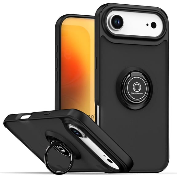TJS for iPhone 17 Air Phone Case, Rotating Metal Ring Magnetic Support Kickstand Cover (Black)