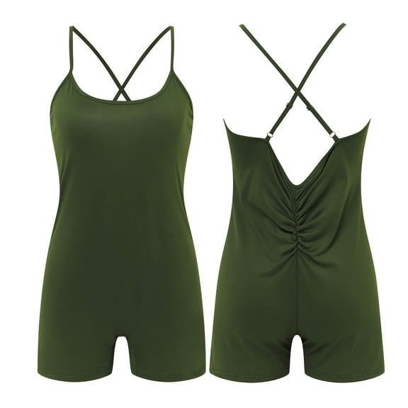 OSOLU Women Yoga Rompers Sleeveless Fitness Rompers V Back Tights Green M