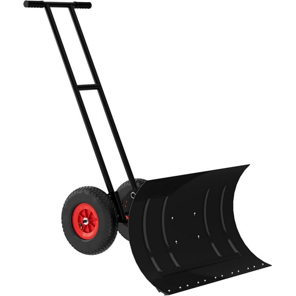 Senfot 29x16.5 Inch Snow Shovel for Driveway with Wheels, Heavy Duty Metal Rolling Snow Pusher with Adjustable Handle & 5-Position Angled Blade,for Sidewalk,Doorway