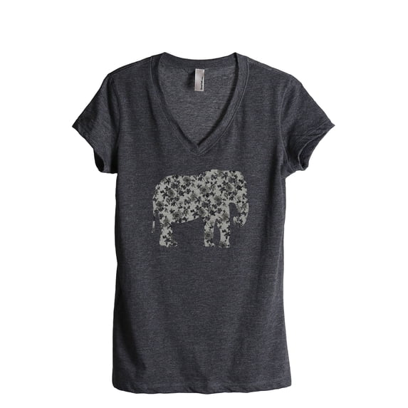 Thread Tank Floral Elephant Women's Relaxed V-Neck T-Shirt Tee Charcoal X-Large