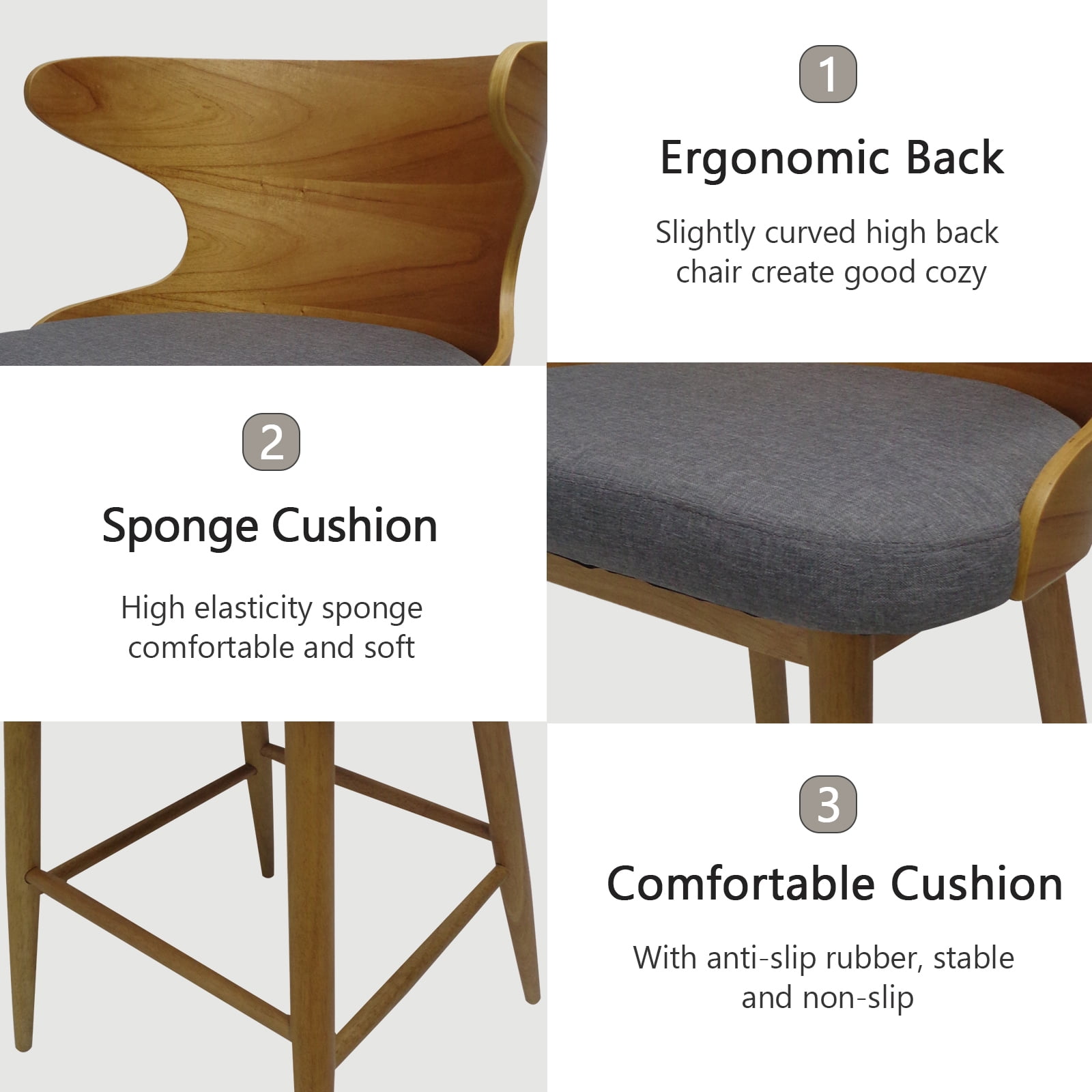 Kadyn Upholstered Fabric Dining Chairs, Mid-Century Modern Fabric Dining Chairs with Back, Leisure Padded Chair for Bedroom, 2-Pcs Set, Gray
