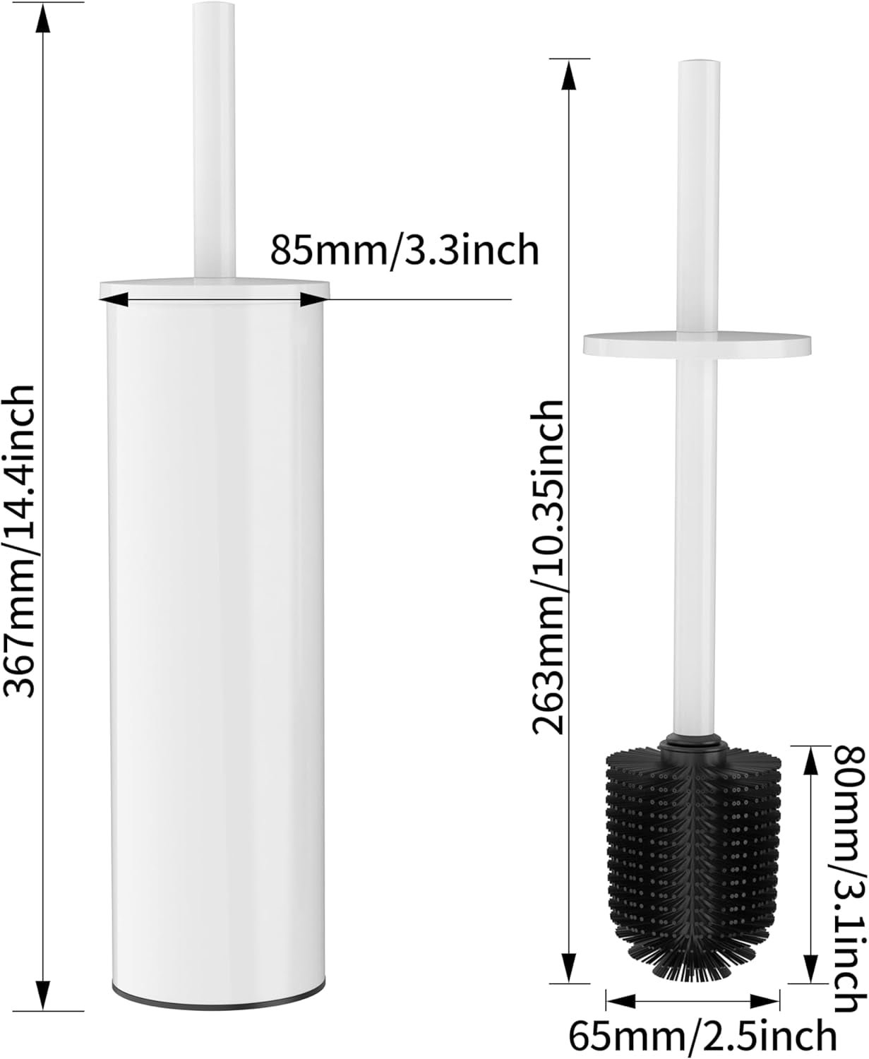 Toilet Brush and Holder Set, 2 Pack Stainless Steel Toilet Bowl Brush with Lid, Rust Proof Toilet Cleaner Brush with Caddy, Durable Bristles, Splash Proof, Ideal for Bathroom（White
