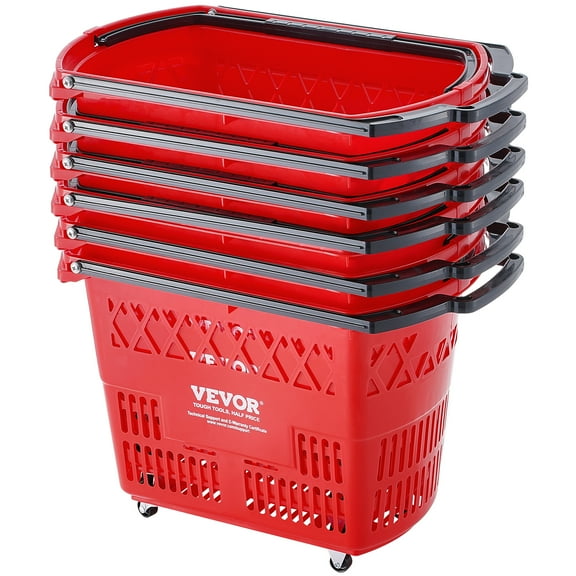 VEVOR Shopping Baskets, 6PCS, 39L Shopping Carts with Handles, Plastic Rolling Shopping Basket with Wheels, Large Portable Shopping Basket Set for Supermarkets, Retail Stores, Grocery Shopping