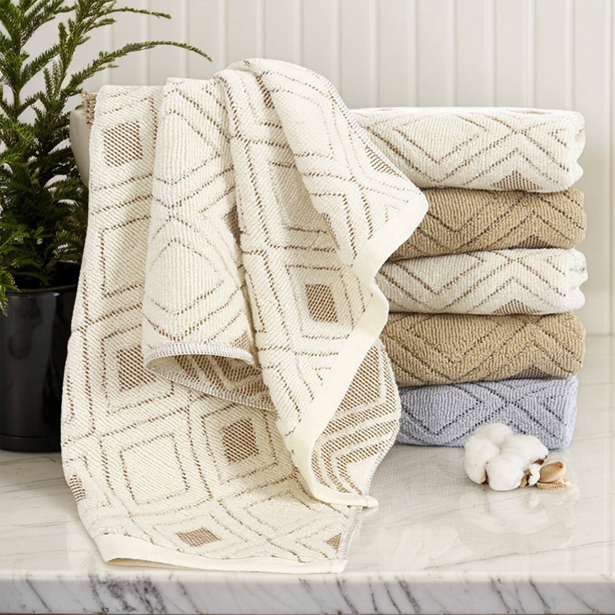 Unique Bargains Geometric Pattern Cotton Decorative Hand Towels Beige 4-Piece
