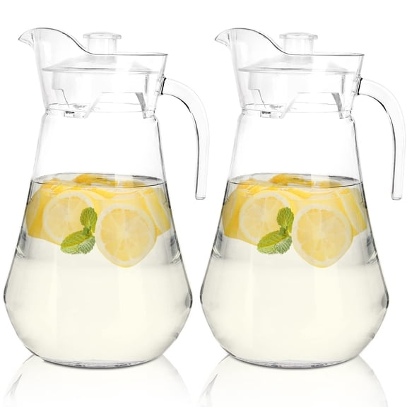2 Pack Plastic Pitcher, 2L Clear Iced Water Jug with Lid and Handle, Heat Resistant Tea Pitcher for Lemonade, Juice, Milk, Cold or Hot Beverage