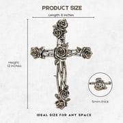 Rustic Vintage Style Resin Silver Tone Rose and Thorn Cross Spiritual Wall Art Décor