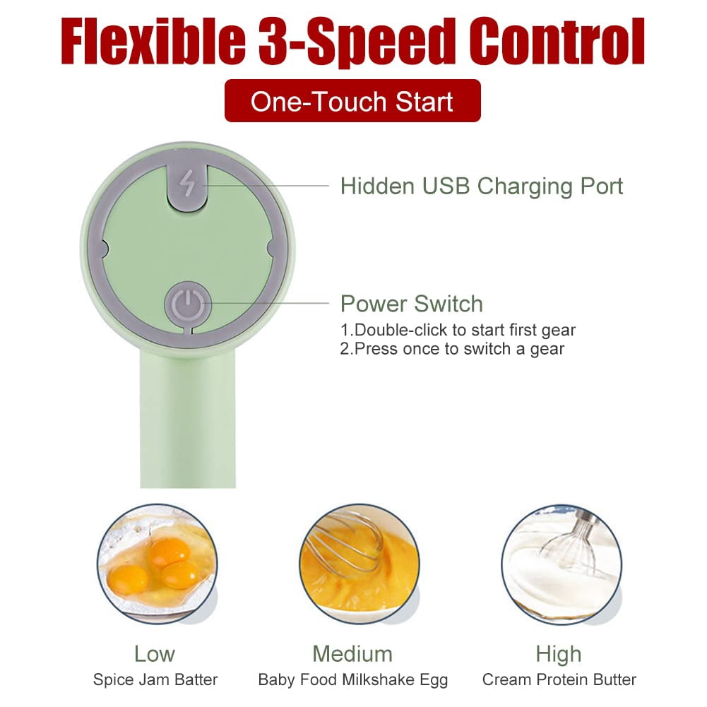 Cordless Electric Hand Mixer and Food Chopper 2-in-1 Portable Whisk with 300ml Glass Bowl, Green, 1-Piece