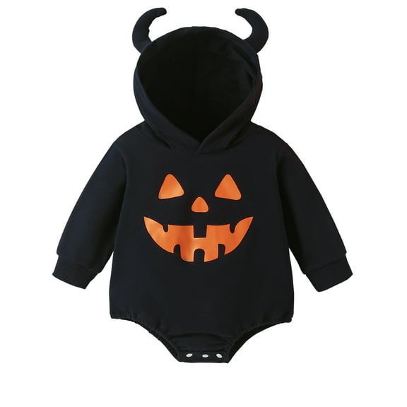 WIBACKER Newborn Halloween Cattle Horn Hoodie Girl Boy Pumpkin Romper Bubble Sweatshirt Bodysuit Fall Outfit Baby Clothes