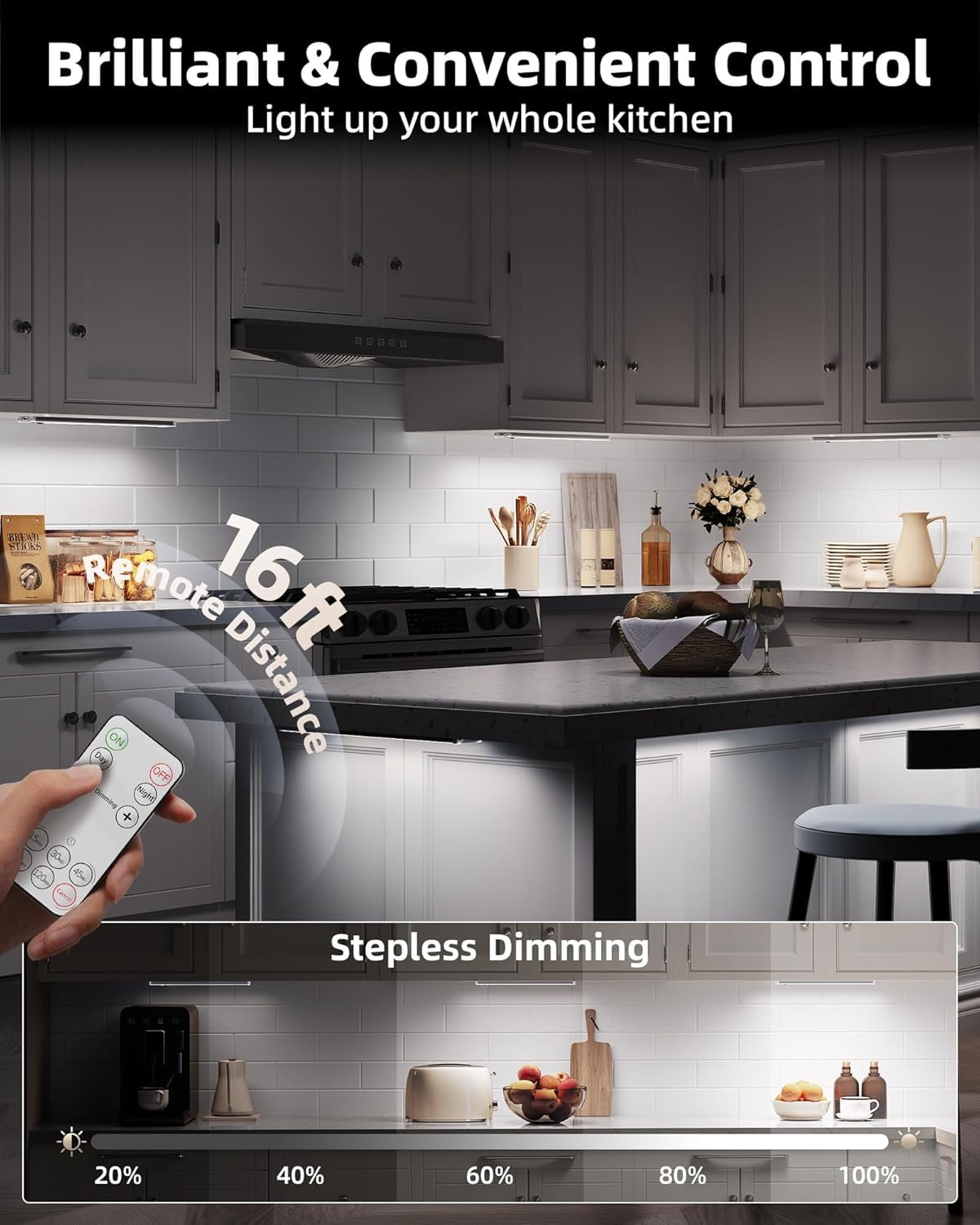 5-Pack Under Cabinet Lighting, 2400mAh Motion Sensor Light, LED Closet Lights Wireless, 6500K Dimmable, Timer, Magnetic, with Remote Control for Kitchen, Closet, Stair