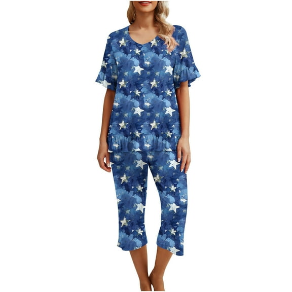 YABCSAZ Summer Outfits for Women Short Sleeved Round Neck Tee Shirt Tops and Capri Wide Leg Pants Printed Loose Fit Casual 2 Piece Pajama Sets
