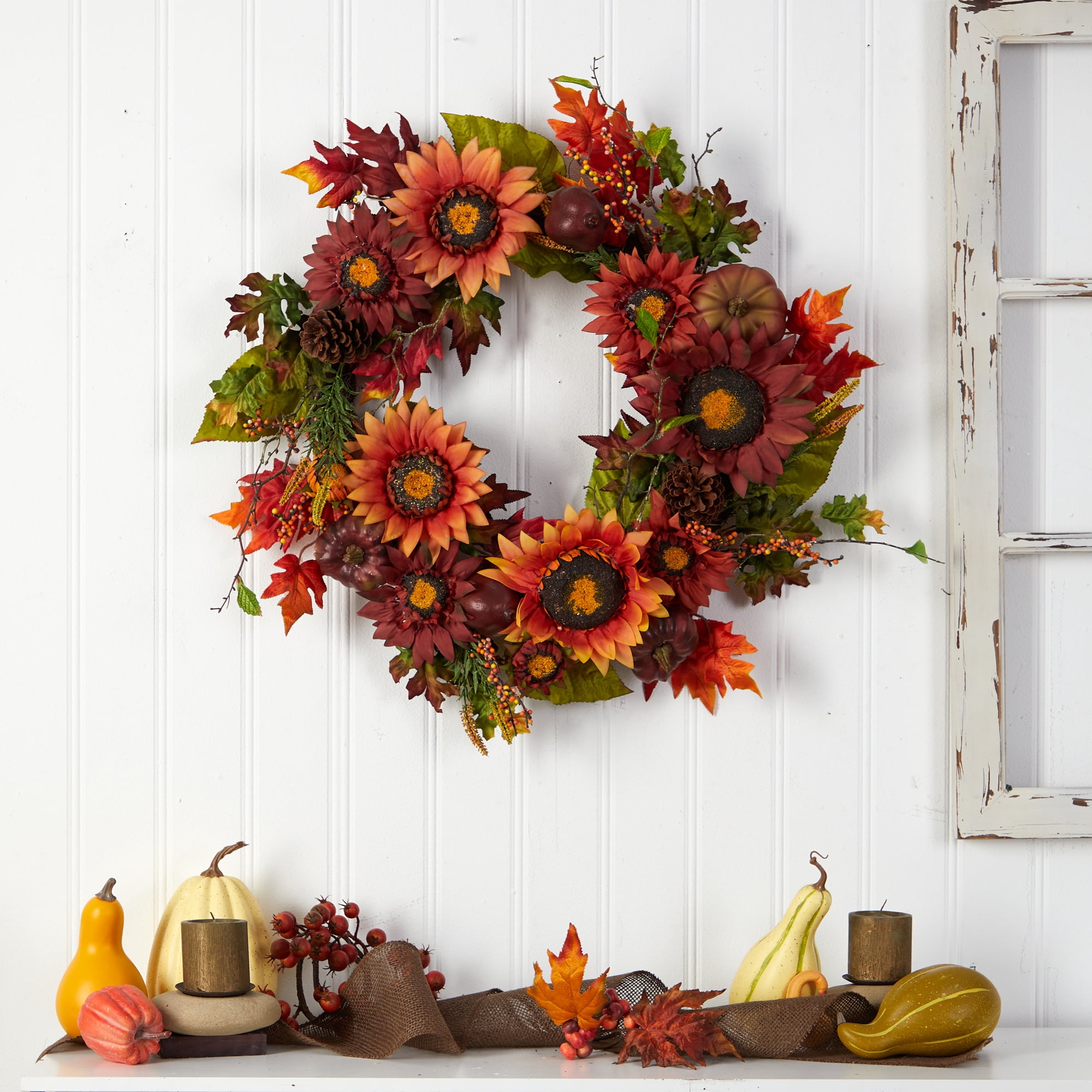 Nearly Natural 24" Autumn Sunflower, Pumpkin, Pinecone and Berries Fall Artificial Wreath, Orange