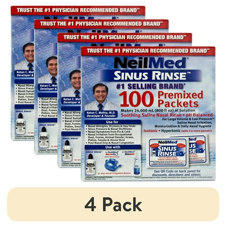 (4 pack) NeilMed Sinus Rinse Premixed Saline Packets – 100 Count, pH Balanced, Preservative-Free