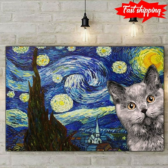 Adorable Grey Cat In The Starry Night Vincent Van Gogh 11 x 17 Inch Poster