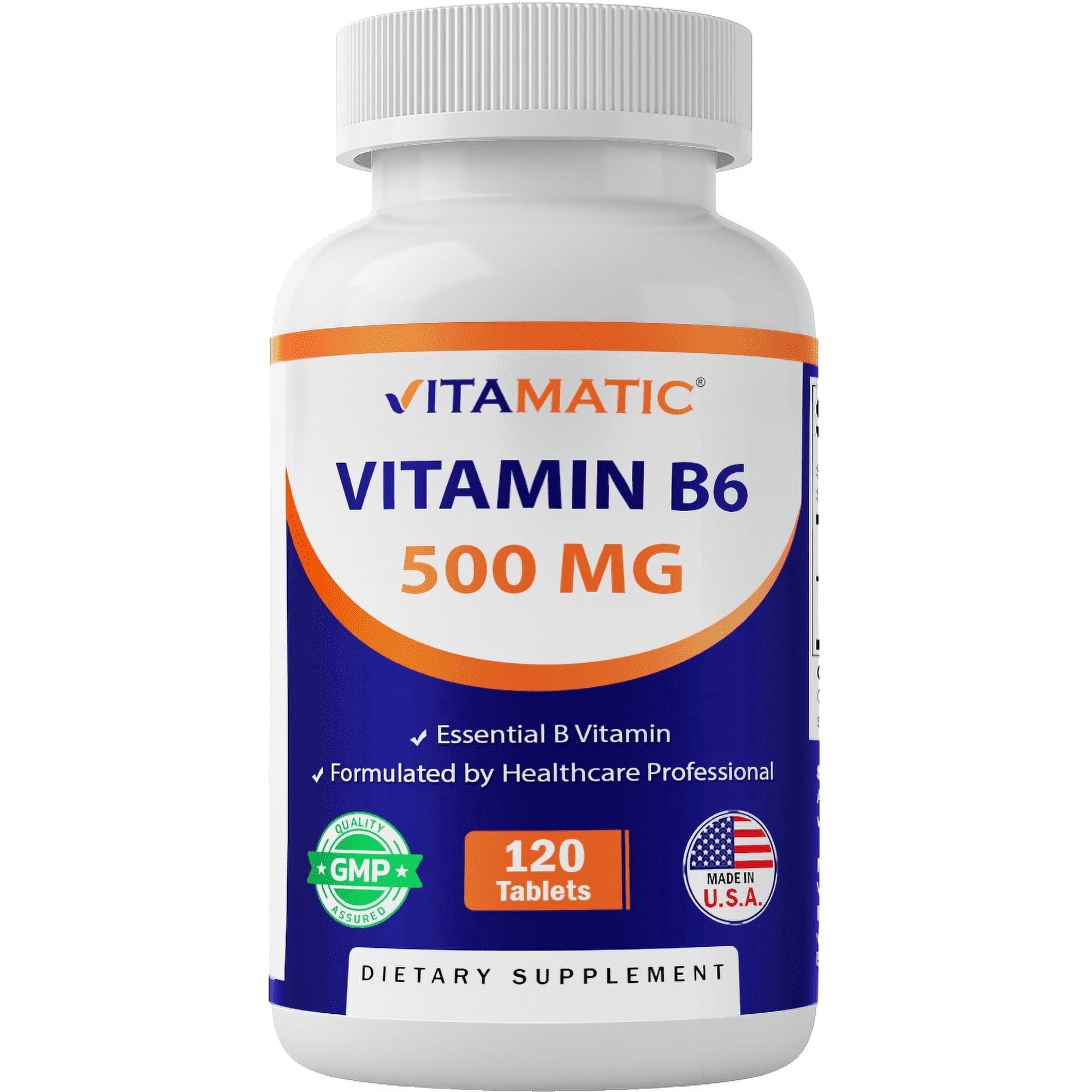 Vitamatic Vitamin B6 (Pyridoxine HCI), 500 mg 120 Vegetarian Tablets - Promotes Energy Production, boosts Metabolism and Immune Health Support
