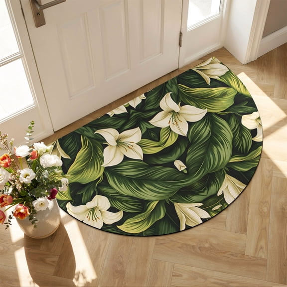 Half Circular Door Mat 20"x31.5", White Lily Flower Absorbent Non Slip Front Door Mat, Tropical Bloom Floral Green Leaf Diatomaceous Entryway Rug for Indoor Patio Living Room Kitchen Door Entrance