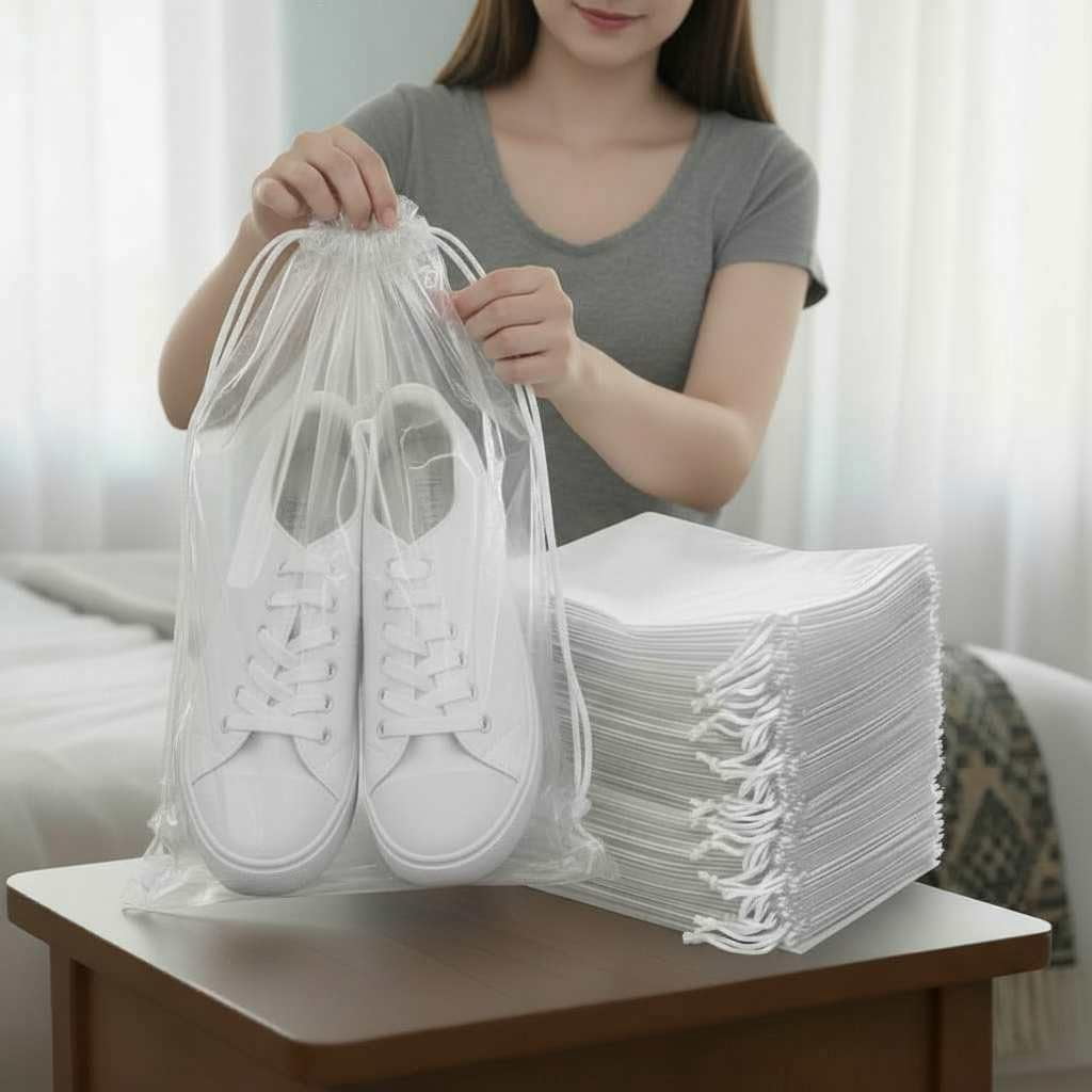 Clear LDPE Drawstring Bags (25 Pack) (13.75" x 17.5") 2 Mil Disposable Transparent Plastic with Double Cotton White Strings. Shoe Bags for Travel Large Storage Organizers Pouch (25)