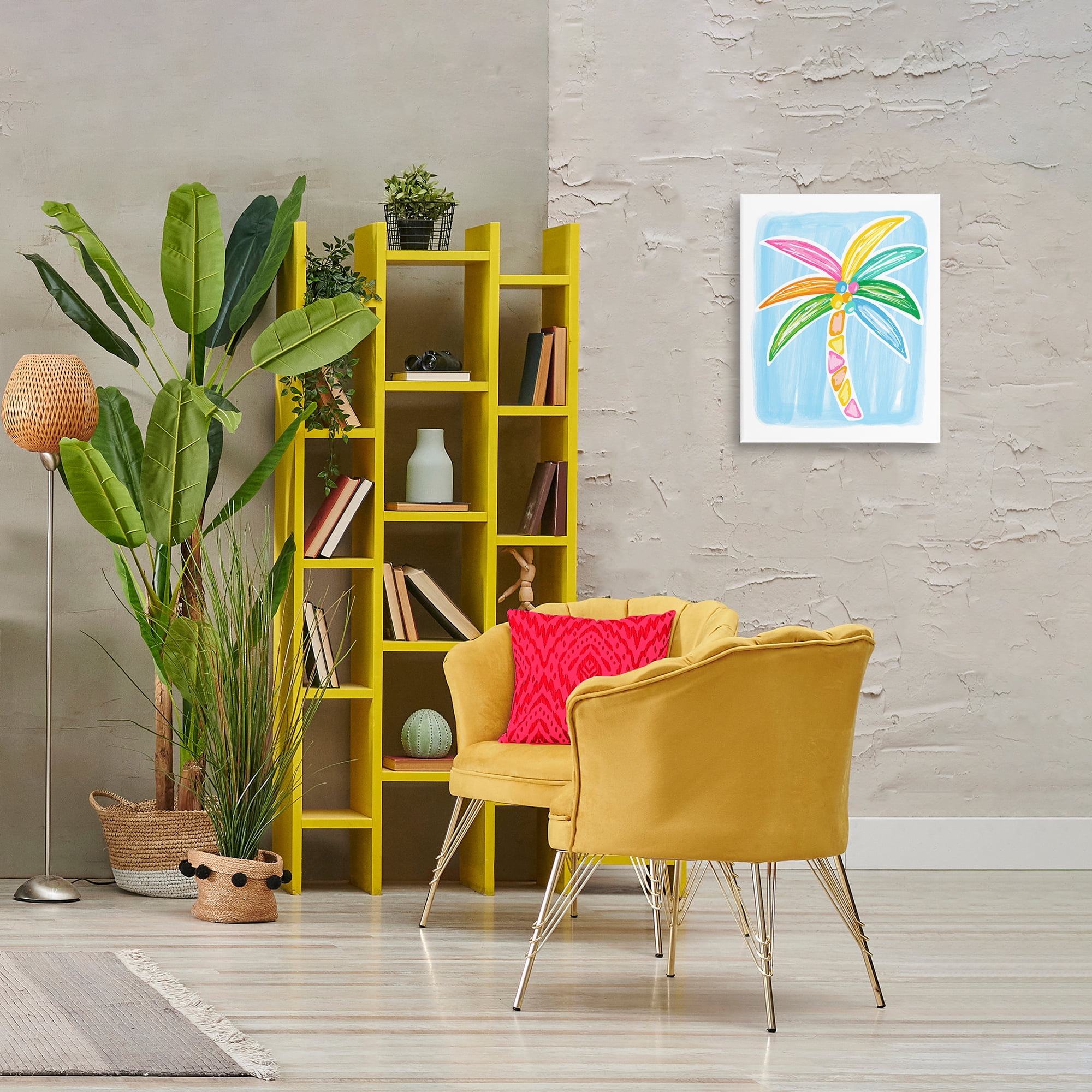Stupell Industries Pastel Palm on Blue Botanical & Floral Painting Gallery Wrapped Canvas Art Print Wall Art, 16 x 20