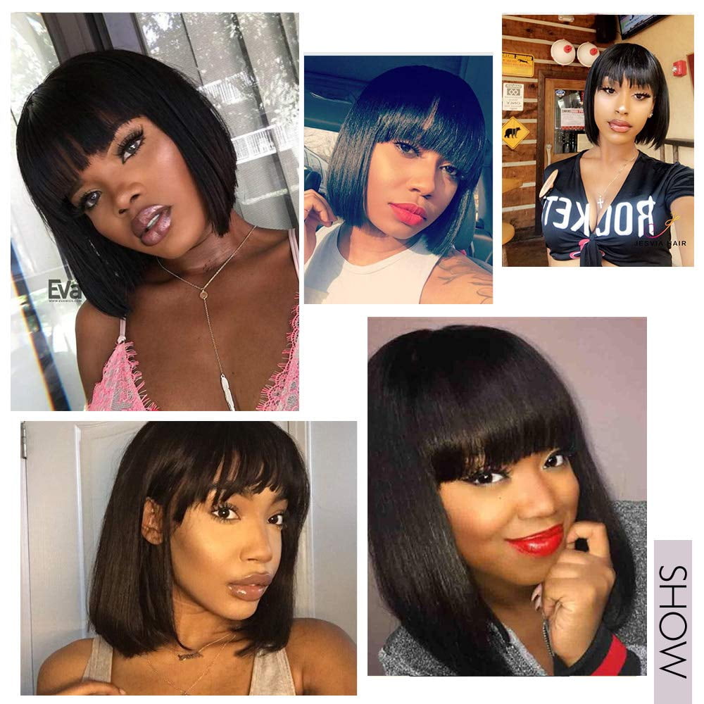 DOPI Fashion Women Short Straight Black Wig with Bangs, 12 Inches（Synthetic Wig）