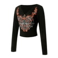 thumbnail image 3 of Qiylii Women Long Sleeve Crop Top Vintage Rhinestone Spider Graphic Print Shirt V Neck Slim Fit Blouse Grunge Top Streewear, 3 of 9