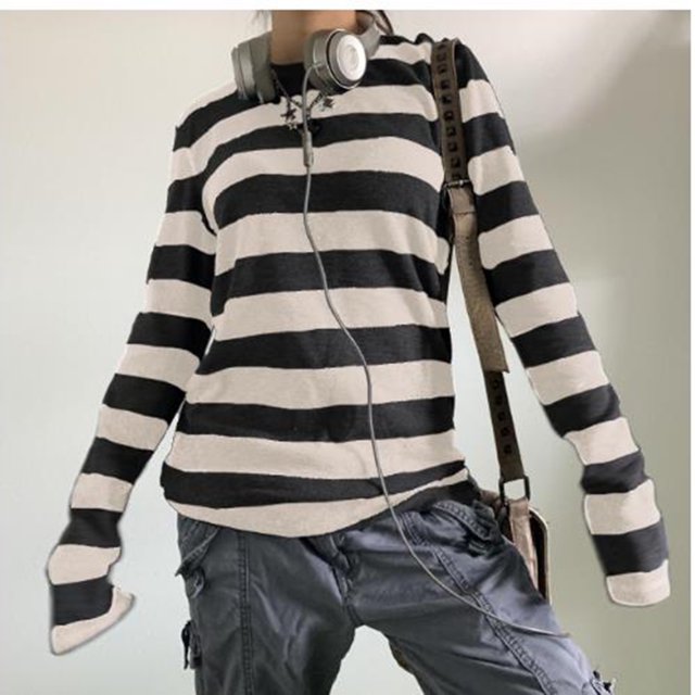 xiaxaixu Chemise de Base en Tricot pour Femme Automne Décontractée Gris Noir à Rayures Manches Longues Col Rond Hauts Club Mode Urbaine