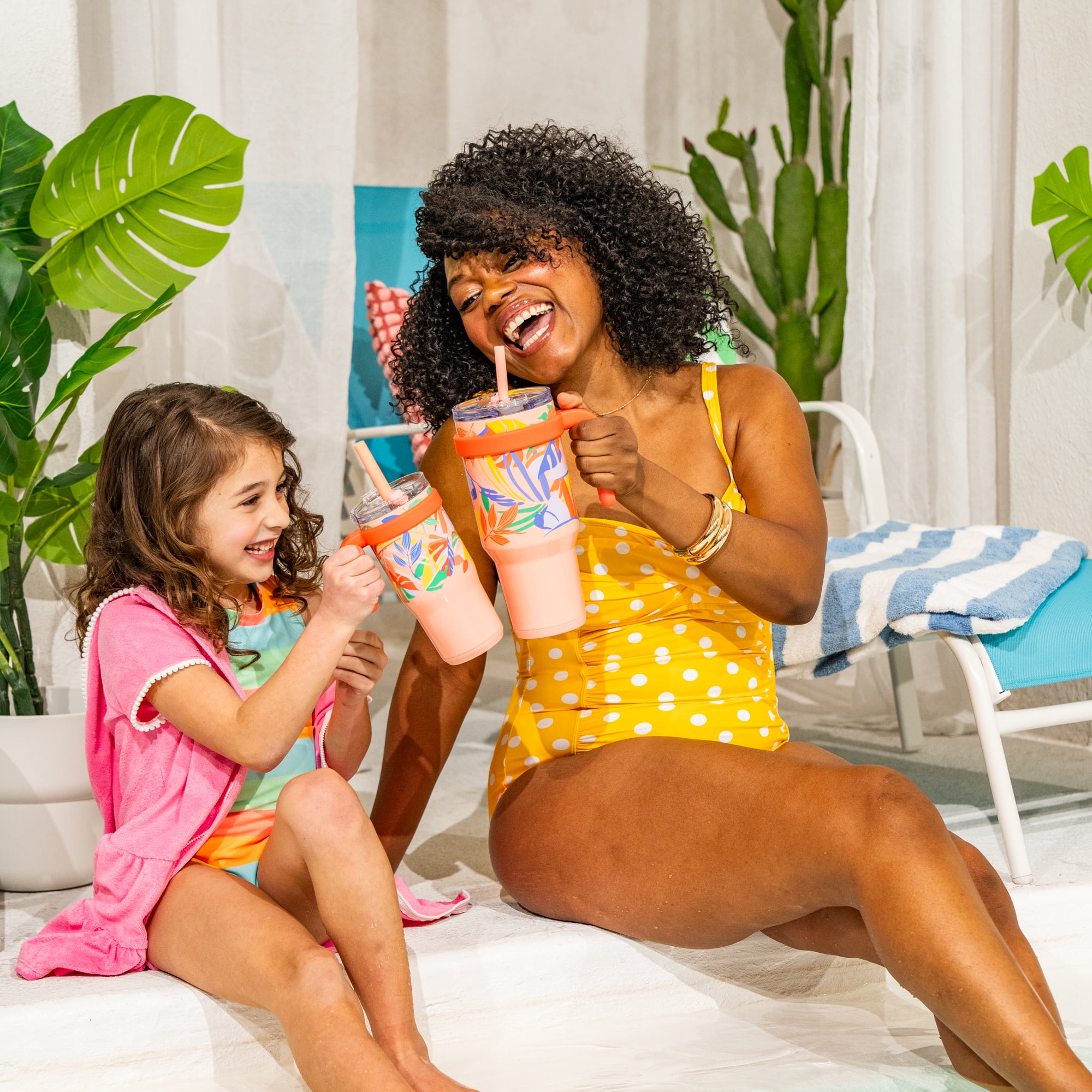 Reduce Slim Cold1 Tumbler - Straw, Lid & Handle. Insulated Stainless Steel 40oz, Peachy Tropics