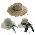 thumbnail image 2 of Gray Las mujeres ahuecan hacia fuera el sombrero tejido de paja para el sol borlas de ala ancha Bowknot cinta gorra de playa, 2 of 5