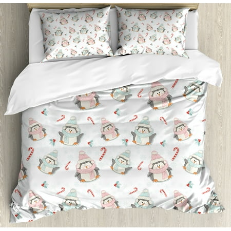 Duvets For Girls Candy Cane Queen Size Duvet Cover Set, Cute Christmas Boy and Girl Penguins with Scarf Hats Traditional Holly Berries, Decorative 3 Piece Bedding Set with 2 Pillow Shams, Multicolor, by Ambesonne ()