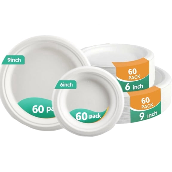 120PCS Compostable Paper Plates,OasisSN Disposable 6 in and 9 in Paper Plates Set,Heavy Duty Paper Plates ,Eco-Friendly Dinner Round Paper Plates for Bbq,Picnic,Party,Breakfast