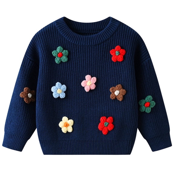 Bobifish Big Girls Light Blue Crew Neck Sweater Multi-Color Flower Applique Long Sleeve Sweaters Knitted Soft Cute Casual Kids Daily Pullover Top