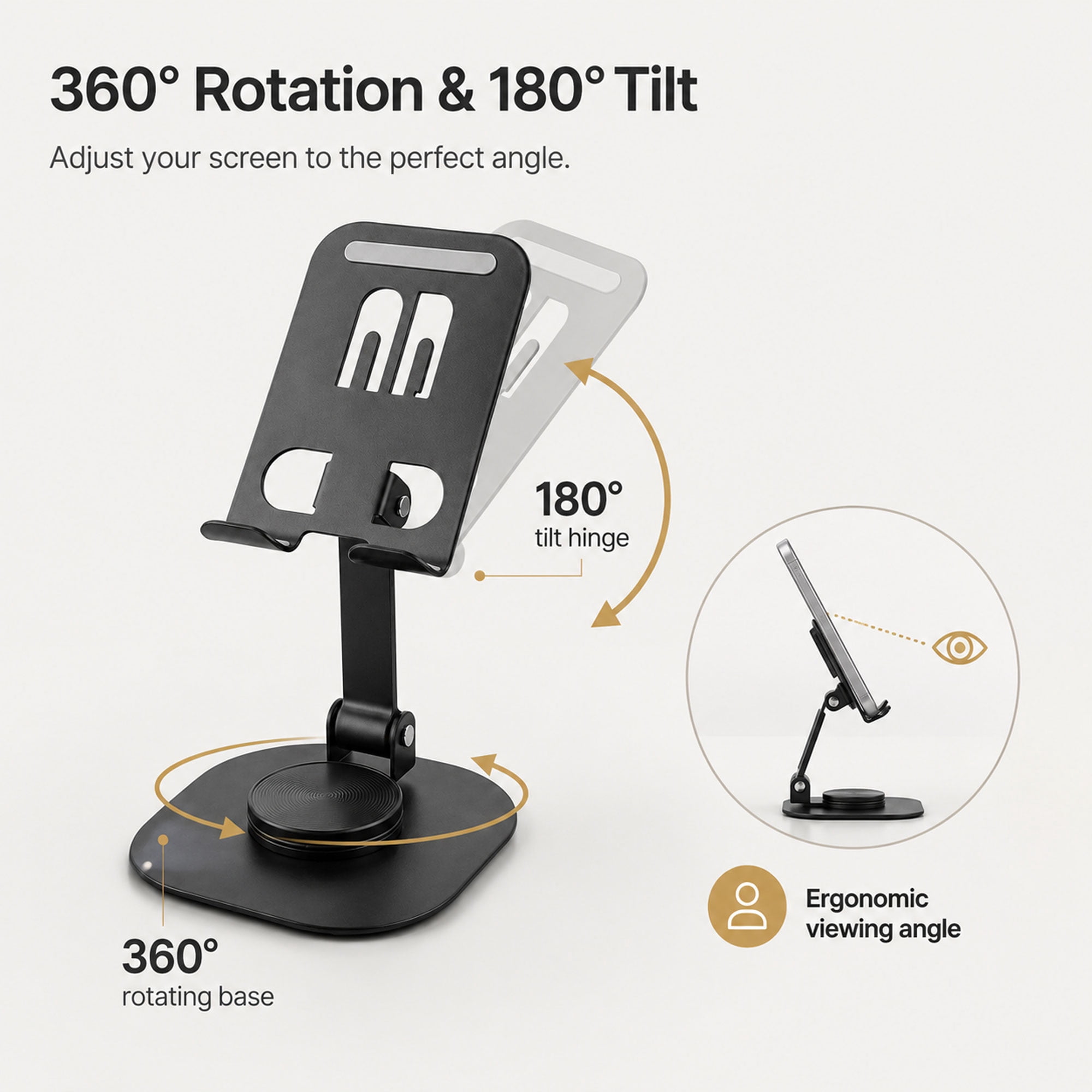 360° Rotating Phone & Tablet Stand, Foldable Metal Desk Holder with 180° Tilt, Portable Anti-Slip Stand for iPhone, Samsung, iPad, Tablets, Video Calls & Streaming, Black