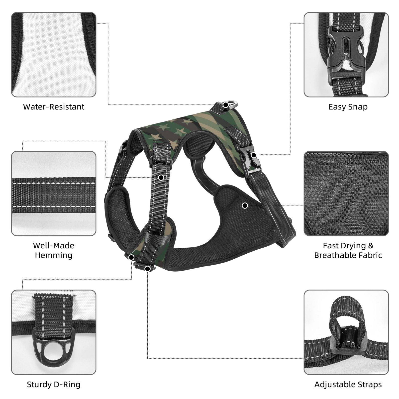 Vsdgher Jungle Green Camo USA Flag Pattern Dog Harness,No Pull Pet Harness with Soft Padded Handle,Adjustable Reflective Vest with 2 Buckles,4 Slide Buckles,S-XL Medium