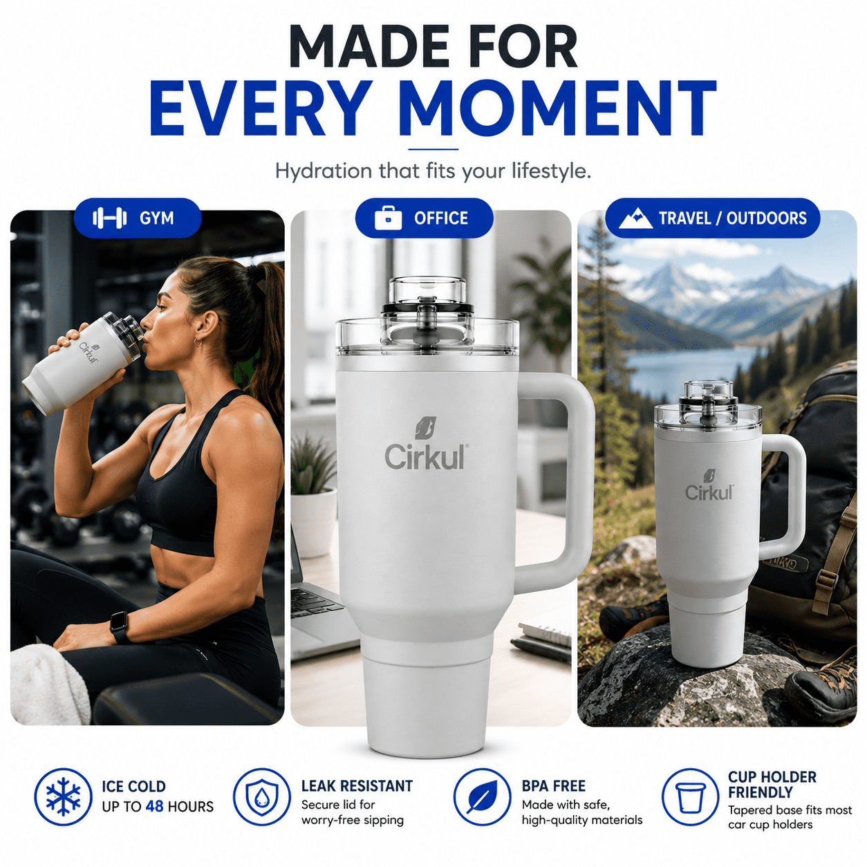 Cirkul 40oz. All-Day StrawSip Tumbler, Double-Wall Insulated Stainless Steel Tumbler with Handle, Light Gray