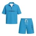 thumbnail image 4 of Men Solid Waffle Knit 2 Piece Set,Zip Neck Polo With California Letter Print & Drawstring Shorts Summer Casual Outfit Sky Blue XL, 4 of 4
