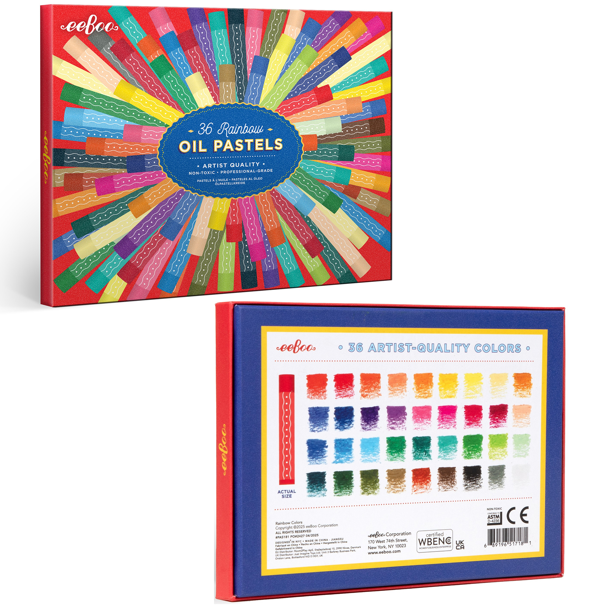 eeBoo: Oil Pastels – Rainbow - 36 Colors, Artist-Quality Sticks, Blendable Soft Texture, Hardcover Gift Box, Adults-Kids, Arts-Crafts-Drawing Supplies